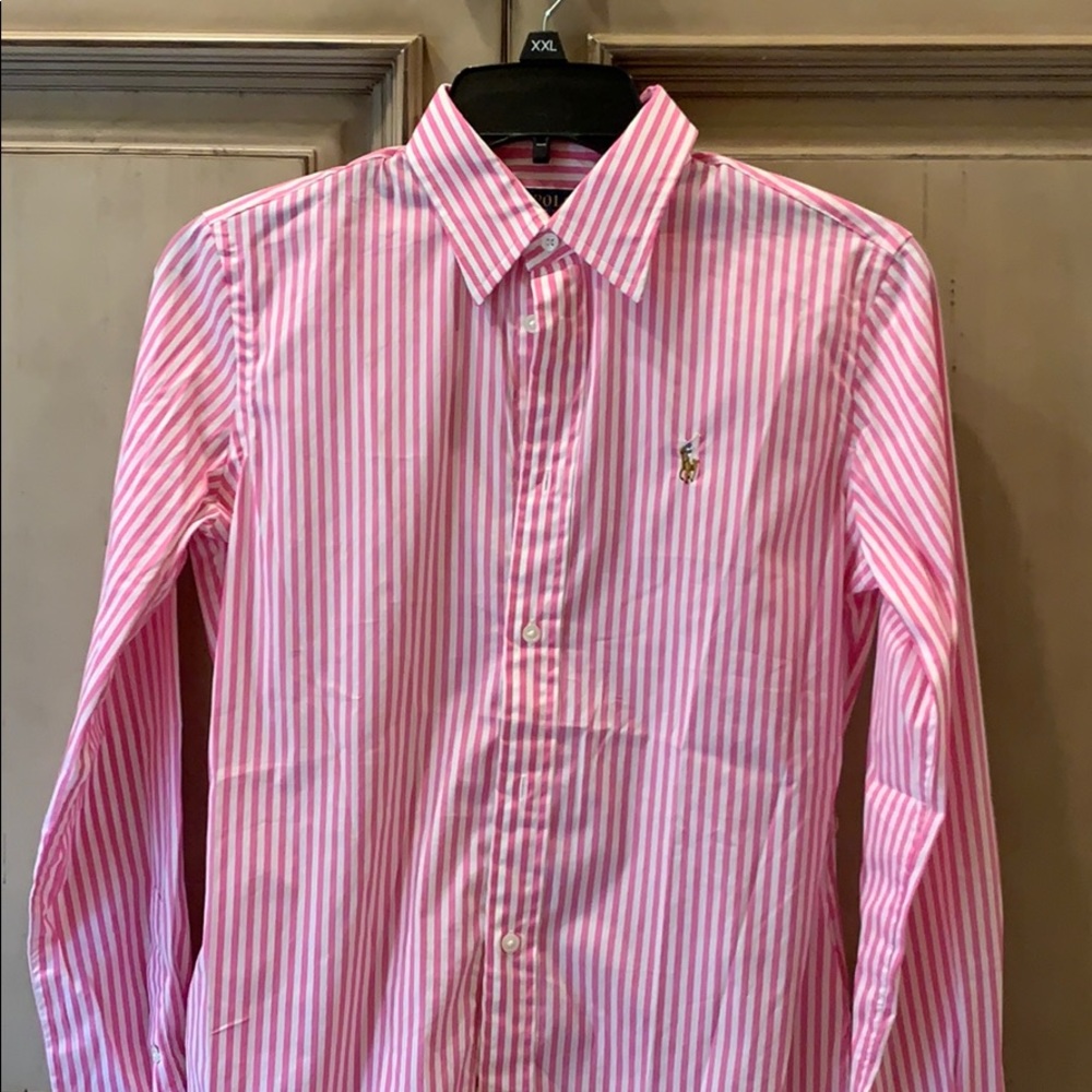 Long sleeved medium pink striped shirt